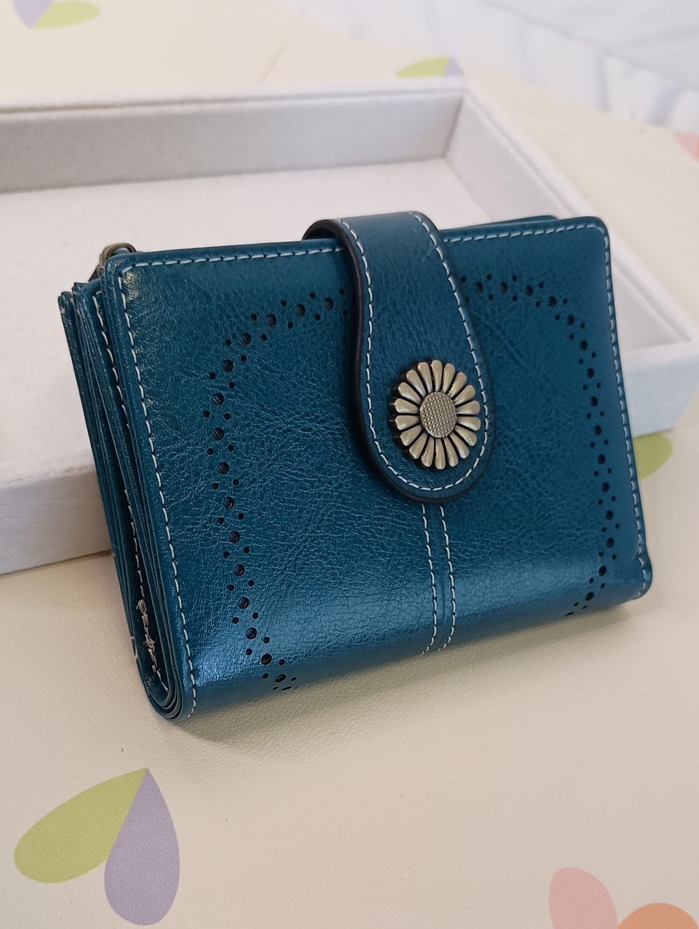 Teal Floral Button Vegan Leather Bifold Wallet - Women